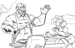  2017 anthro apron barbecue black_and_white breasts chubby_anthro chubby_female clothed clothing demon dulce_(mr.pink) duo facial_hair female food fully_clothed grill holding_food holding_object horn horned_humanoid hot_dog humanoid lagomorph leporid line_art male mammal monochrome muscular muscular_male mustache open_mouth open_smile outside sitting slightly_chubby smile vdisco 