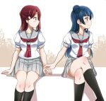  2girls blue_hair blush crossed_legs hair_bun holding_hands long_hair love_live! love_live!_sunshine!! multiple_girls non-web_source pink_eyes red_hair sakurauchi_riko school_uniform single_side_bun sitting skirt socks tsushima_yoshiko uranohoshi_school_uniform yellow_eyes yohane_yoshiko yuri 