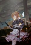  1girl bow bowtie breasts brown_eyes brown_hair frills gloves gun hair_ornament hairclip hand_up highres holding holding_gun holding_weapon long_hair magazine_(weapon) original puffy_sleeves solo weapon white_gloves white_legwear xiaoxiao 