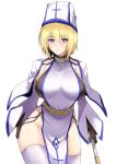  1girl black_gloves blonde_hair breasts choker cleric cless_gretchen gloves halcon hat highres jewelry large_breasts lilitales looking_at_viewer necklace pelvic_curtain purple_eyes short_hair side_slit solo staff thick_thighs thighhighs thighs white_legwear 