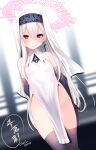  1girl bare_shoulders black_gloves black_legwear blush breasts dress earrings elbow_gloves gloves halo highres jewelry long_hair looking_at_viewer nun okuri_banto original red_eyes small_breasts solo thighhighs veil white_hair 