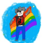  anthro australian_shepherd bulge canid canine canis clothed clothing confetti domestic_dog herding_dog hi_res lgbt_pride male mammal pastoral_dog pride_color_flag rainbow sheepdog shirt simple_background solo topwear 