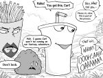  ... 3boys absurdres aqua_teen_hunger_force bb_(baalbuddy) beard bendy_straw cup drinking_straw english_commentary english_text facial_hair food french_fries frylock goatee greyscale highres master_shake meatball meatwad milkshake monochrome multiple_boys no_humans personification speech_bubble 