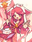  1girl ahoge animal_hat blurry blurry_foreground blush bow collarbone creature eyebrows_visible_through_hair eyes_visible_through_hair hat holding holding_staff league_of_legends long_hair lux_(league_of_legends) megusurisup open_mouth pajama_guardian_lux pajamas pillow pink_eyes pink_hair pink_ribbon red_bow red_headwear ribbon shooting_star sleeping smile sparkle staff star_(sky) star_(symbol) star_guardian_(league_of_legends) star_guardian_lux tongue waving white_headwear 