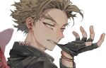  1boy biting blonde_hair boku_no_hero_academia bracelet ear_piercing earrings face facial_hair facial_mark feathered_wings feathers fingerless_gloves forked_eyebrows glove_biting gloves goatee hawks_(boku_no_hero_academia) jacket jewelry kadeart long_eyebrows looking_afar male_focus piercing portrait red_feathers red_wings short_hair solo stubble stud_earrings teeth_hold thick_eyebrows twitter_username wings yellow_eyes 