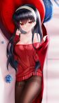  1girl bangs black_hair blush breasts cleavage flower hairband highres jewelry large_breasts long_hair looking_at_viewer off-shoulder_sweater off_shoulder pantyhose red_eyes shouu-kun sidelocks solo spy_x_family sweater yor_briar 