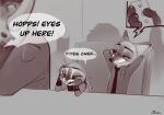  anthro blush canid canine clothed clothing dialogue disney duo english_text female fox hi_res judy_hopps lagomorph leporid looking_pleasured male mammal monochrome nick_wilde question_mark qupostuv35 rabbit sex_toy smile text vibrator zootopia 