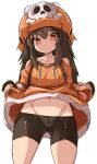  1girl bangs bare_shoulders bike_shorts black_shorts brown_gloves brown_hair cabbie_hat collarbone cowboy_shot fingerless_gloves gloves groin guilty_gear guilty_gear_strive hat jacket jacket_lift karukan_(monjya) long_hair may_(guilty_gear) navel orange_headwear orange_jacket shorts skull_and_crossbones solo white_background 