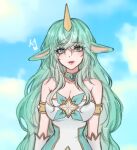  1girl animal_ears armlet bare_shoulders choker cloud cloudy_sky eyebrows_visible_through_hair eyelashes eyes_visible_through_hair green_eyes green_hair hair_between_eyes horns league_of_legends light_green_hair long_eyelashes long_hair parted_lips pink_lips single_horn sipyung sky solo soraka_(league_of_legends) sparkle star_(symbol) star_guardian_(league_of_legends) star_guardian_soraka 