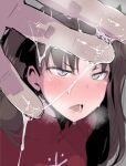  1girl absurdres amo_takumi blue_eyes blush fate/stay_night fate_(series) fter_fingering green_eyes highres long_hair looking_at_viewer open_mouth pussy_juice pussy_juice_trail red_sweater swe sweat sweater tohsaka_rin 