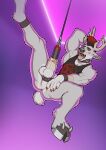  2019 anthro antlers anus balls bottomless clothed clothing digital_media_(artwork) erection fur genitals grey_body grey_fur hi_res hooves horn longblueclaw male mohawk open_mouth penetration penis piercing simple_background solo suspension teeth tongue tongue_out urethral urethral_penetration 