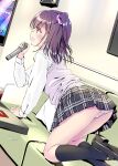  1girl all_fours artist_name black_legwear blush commentary_request couch dress_shirt full_body highres holding holding_microphone karaoke kobayashi_chisato long_sleeves looking_at_screen medium_hair microphone music on_couch open_mouth original panties pantyshot pillow pink_panties plaid plaid_skirt red_eyes school_uniform scrunchie shirt shoes side_ponytail singing skirt smile socks solo sweater_vest table television underwear 