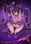  1girl bare_shoulders bdsm black_hair black_panties blush bondage boots bound breasts censored chain chained detached_sleeves dress frilled_dress frilled_sleeves frills full_body goyain medium_breasts neptune_(series) nipples noire_(neptune_series) open_mouth panties red_eyes restrained sitting solo thigh_boots twintails underwear 
