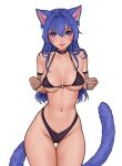  1girl animal_ears bikini black_bikini blue_eyes blue_hair breasts cat_ears cat_girl cat_tail character_request choker closed_mouth collarbone copyright_request cowboy_shot face fingerless_gloves fishnet_gloves fishnets gloves hair_between_eyes highleg highleg_bikini highres lips looking_at_viewer medium_breasts navel o-ring o-ring_bikini quilm simple_background smile solo swimsuit tail thigh_gap white_background 