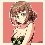  bangs bare_shoulders bikini breasts brown_hair cleavage double_bun duvalie eiyuu_densetsu green_eyes hair_bun highres jokarioart medium_breasts pink_background sen_no_kiseki strapless strapless_bikini swimsuit upper_body 