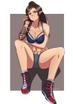  1girl arm_tattoo blue_bra bra breasts brown_eyes brown_hair cleavage commentary cross-laced_footwear english_commentary frosty_persimmons full_body grey_shorts highres jewelry large_breasts long_hair looking_at_viewer necklace original pointy_ears shorts sitting solo tattoo underwear 