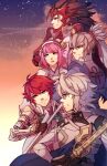  2girls 3boys bangs black_hair corrin_(fire_emblem) corrin_(fire_emblem)_(male) family fire_emblem fire_emblem_fates highres hinoka_(fire_emblem) holding holding_sword holding_weapon japanese_clothes looking_to_the_side multiple_boys multiple_girls pan_(pandora_requiem) ryoma_(fire_emblem) sakura_(fire_emblem) sky star_(sky) starry_sky sword takumi_(fire_emblem) weapon white_hair 