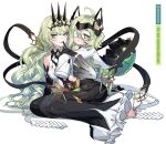  2girls absurdres ahoge artist_name bangs bare_shoulders barefoot black_dress black_gloves closed_mouth coat crown dress eyepatch full_body gloves green_eyes green_hair highres honkai_(series) honkai_impact_3rd klein_(honkai_impact) labcoat long_hair looking_at_viewer meuwzza_(me_zwa) mobius_(honkai_impact) multiple_girls on_floor shadow simple_background sitting toes tongue tongue_out wavy_hair white_background white_coat 