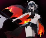  10mo 1girl absurdres ahoge bangs black_cape black_legwear black_skirt breast_curtains breasts cape fate/grand_order fate_(series) flag grey_hair headpiece highres jeanne_d&#039;arc_alter_(avenger)_(fate) jeanne_d&#039;arc_alter_(fate) large_breasts looking_at_viewer polearm short_hair skirt solo thighhighs thighs weapon yellow_eyes 