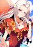  1girl alternate_costume bangs blush breasts cape cleavage edelgard_von_hresvelg fire_emblem fire_emblem:_three_houses fire_emblem_heroes hair_ribbon highres jewelry long_hair looking_at_viewer medium_breasts nakabayashi_zun official_alternate_costume one-piece_swimsuit parted_bangs purple_eyes ribbon smile solo swimsuit white_hair 