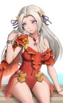  1girl blue_eyes bracelet breasts casual_one-piece_swimsuit cleavage closed_mouth covered_navel edelgard_von_hresvelg embarrassed fire_emblem fire_emblem:_three_houses fire_emblem_heroes frilled_swimsuit frills gonzarez hair_ornament hair_ribbon hand_in_own_hair highres jewelry large_breasts long_hair necklace ocean official_alternate_costume official_alternate_hairstyle one-piece_swimsuit purple_eyes red_swimsuit ribbon shy sitting solo sweatdrop swimsuit white_hair 