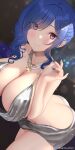  1girl akira_shiun arched_back azur_lane back backless_dress backless_outfit bangs bare_arms blue_hair blue_nails blurry blurry_background blush bokeh breasts butt_crack cleavage close-up closed_mouth covered_nipples cowboy_shot depth_of_field dress evening_gown eyebrows_visible_through_hair from_side glint hair_ornament hair_over_one_eye halter_dress halterneck highres large_breasts leaning_forward looking_at_viewer low_neckline nail_polish official_alternate_costume parted_bangs pink_eyes plunging_neckline revealing_clothes side_ponytail sidelocks silver_dress sleeveless sleeveless_dress solo st._louis_(azur_lane) st._louis_(luxurious_wheels)_(azur_lane) thighs twitter_username 