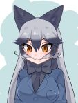  1girl animal_ears aramaru biting_hair black_bow black_bowtie black_fur black_hair black_necktie blue_coat blue_jacket bow bowtie chewing coat eating_hair extra_ears fox_ears fox_girl fox_tail fur_trim grey_hair hair_in_mouth highres jacket kemono_friends kemono_friends_3 multicolored_hair necktie orange_eyes silver_fox_(kemono_friends) solo tail two-tone_hair 