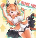  1girl animal_costume animal_ear_fluff animal_ears bow bowtie caracal_(kemono_friends) caracal_ears closed_eyes drias elbow_gloves gloves highres kemono_friends kemono_friends_v_project kneehighs long_hair microphone multicolored_hair open_mouth orange_hair shirt skirt sleeveless sleeveless_shirt smile solo tail virtual_youtuber 