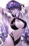  1girl bangs blush braid breasts cleavage flower genshin_impact hair_ornament highres huge_breasts long_hair looking_at_viewer mole noir_eku purple_eyes purple_flower purple_hair raiden_shogun solo swimsuit 