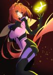  1girl ahoge black_gloves bodysuit bow breasts covered_navel eyebrows_visible_through_hair floating_hair fortified_suit gloves hair_bow hair_intakes highres kagami_sumika kamon_rider long_hair medium_breasts muvluv muvluv_alternative parted_lips pilot_suit pink_bodysuit ponytail red_eyes red_hair solo very_long_hair yellow_bow 