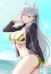  1girl animal_ears aqua_eyes ass bangs bikini black_jacket blush braid breasts cleavage collarbone day earpiece eyebrows_visible_through_hair girls&#039;_frontline green_bikini hair_between_eyes highres jacket keenh ksvk_(girls&#039;_frontline) large_breasts long_hair looking_at_viewer ocean outdoors parted_lips signature sky solo standing sunlight swimsuit twisted_torso underboob white_hair 