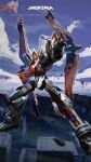  aquarion_(series) clenched_hand cloud english_commentary flying iron_saga looking_at_viewer mecha no_humans official_art open_hand red_eyes science_fiction sky solar_aquarion solo sousei_no_aquarion super_robot 
