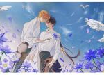  2boys ahoge bangs blue_eyes brown_hair casual collared_shirt contemporary couple feet_out_of_frame field flower flower_field forehead-to-forehead from_below genshin_impact gradient_hair grey_pants hair_between_eyes heads_together highres holding holding_flower long_hair male_focus multicolored_hair multiple_boys pants ponytail shirt short_hair sky tartaglia_(genshin_impact) white_shirt wind yaoi yellow_eyes zhongli_(genshin_impact) 