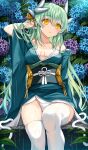  1girl bangs blush breasts cleavage dragon_girl dragon_horns eyebrows_visible_through_hair fate/grand_order fate_(series) flower green_hair green_kimono hair_ornament hand_in_own_hair highres horns japanese_clothes kimono kiyohime_(fate) large_breasts long_hair long_sleeves looking_at_viewer morizono_shiki panties parted_lips rain sitting solo thighs underwear wet white_legwear white_panties wide_sleeves yellow_eyes 