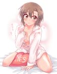  :o bed_sheet blush borrowed_garments breasts brown_hair cleavage collarbone idolmaster idolmaster_cinderella_girls looking_at_viewer medium_breasts no_pants partially_unbuttoned shirt simple_background sitting sleeves_past_wrists tada_riina tong_(freedom2000) wariza white_shirt yes yes-no_pillow 