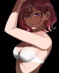  1girl arm_up bangs bare_arms black_background blush bra breasts cleavage closed_mouth eyebrows_visible_through_hair hair_between_eyes hair_ornament hairclip hand_on_own_head highres higuchi_madoka idolmaster idolmaster_shiny_colors lace-trimmed_bra lace_trim lips medium_breasts mole mole_under_eye nonbire purple_eyes red_hair short_hair sidelocks solo swept_bangs underwear upper_body white_bra 