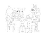  &lt;3 anthro beverage bottomwear bubble burningtoast5 chair clothing deltarune demon duo eye_contact felid feline female floating_head floating_limbs fool&#039;s_hat furniture hat headgear headwear hi_res jevil_(deltarune) line_art looking_at_another male male/female mammal shorts sitting smile smirk steam table tablecloth tasque_manager tea undertale_(series) video_games 