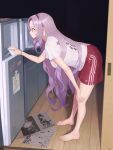  1girl absurdres alternate_hairstyle bare_legs barefoot bent_over black_background carol_0822 closed_mouth from_side full_body hairband hand_on_own_knee highres hyakumantenbara_salome long_hair looking_away nijisanji profile purple_eyes purple_hair purple_hairband red_shorts refrigerator shirt short_sleeves shorts solo very_long_hair virtual_youtuber white_shirt wooden_floor 