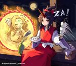  2girls black_hair closed_eyes closed_mouth dango eighth_note food highres holding holding_food horns howhow_notei japanese_clothes kikuri_(touhou) kimono konngara_(touhou) long_hair long_sleeves multiple_girls musical_note oni_horns ponytail red_eyes red_kimono single_horn touhou touhou_(pc-98) wagashi wide_sleeves 