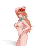  1girl beret bikini black_bow bow bow_choker breasts choker earrings eyebrows_behind_hair feather_earrings feathers from_side green_bow green_choker hat hat_bow highres hololive hololive_english jewelry korean_commentary kriy long_hair looking_at_viewer medium_breasts mixed-language_commentary navel orange_bikini orange_hair orange_headwear sideboob smile solo stomach swimsuit takanashi_kiara 