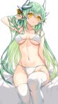  1girl bangs bikini blush breasts cleavage dragon_girl dragon_horns eyebrows_visible_through_hair fate/grand_order fate_(series) green_hair hair_ornament hand_in_own_hair highres horns kiyohime_(fate) large_breasts long_hair looking_at_viewer morizono_shiki parted_lips sitting solo swimsuit thighs underwear wet white_bikini white_legwear yellow_eyes 