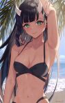  1girl absurdres arm_up armpits artist_name bangs bare_arms beach bikini black_bikini black_hair blunt_bangs blush braid breasts cleavage eyebrows_visible_through_hair green_eyes halterneck hand_on_own_head highres horns leaf long_hair looking_at_viewer medium_breasts mole mole_under_eye navel ocean original sand single_braid smile solo sooon straight_hair swimsuit tan water wet 