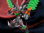  didalion didalion_zam floating glowing glowing_eyes highres looking_to_the_side mecha monmon_(monban) no_humans open_hand planet red_eyes science_fiction solo space super_robot_wars super_robot_wars_dd wings 