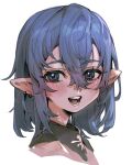  1girl blue_eyes blue_hair blush earrings eyebrows_visible_through_hair eyelashes face grey_background hair_between_eyes hatching_(texture) highres jewelry long_eyelashes maido_mido open_mouth original pointy_ears short_hair simple_background smile solo teeth upper_body 