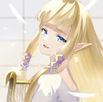  1girl :d bangs blonde_hair blue_eyes blunt_bangs dress feathers hair_ornament harp highres holding holding_instrument instrument jewelry kuroitubu long_hair looking_at_viewer looking_back open_mouth pointy_ears princess_zelda sad_smile smile tearing_up the_legend_of_zelda the_legend_of_zelda:_skyward_sword white_dress 
