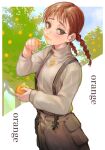  1girl blue_sky blush brown_eyes brown_hair closed_mouth cloud dripping english_text fingernails food fruit half-closed_eyes highres holding holding_food holding_fruit long_fingernails maido_mido medium_hair orange_(fruit) orange_nails original outdoors overalls sky sleeves_past_wrists solo tree turtleneck twintails wiping_face 