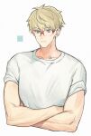  1boy bishounen blonde_hair crossed_arms eyebrows_visible_through_hair glasses green_eyes highres male_focus pienahenggou shirt simple_background solo spy_x_family toned toned_male twilight_(spy_x_family) upper_body white_background white_shirt 