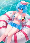  1girl bangs bare_shoulders bikini blue_bikini blue_eyes blue_hair blue_skirt blush breasts cleavage collarbone commentary_request eating fang floating food hair_ornament haiyi halterneck hat highleg highleg_bikini highres holding holding_spoon ice_cream ice_cream_cup innertube kanpa_(campagne_9) large_breasts long_hair looking_at_viewer micro_bikini microskirt off_shoulder on_water open_clothes open_shirt pleated_skirt see-through see-through_shirt sitting skin_fang skirt solo spoon swimsuit synthesizer_v thighs underboob water 