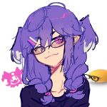  1girl black_sweater braid collarbone eyebrows_visible_through_hair glasses hair_ornament hairclip head_wings jack_frost nijisanji nijisanji_en one_eye_closed pink_eyes portrait purple_hair selen_tatsuki shin_megami_tensei sketch solo sweater twin_braids v-shaped_eyebrows virtual_youtuber white_background yuno_(p2eocene) 