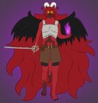  angry armor chipped_ear demonic domestic_cat felid feline felis fire floating fur glowing glowing_eyes hair hi_res horn long_hair mammal melee_weapon pixiecatsupreme red_body red_fur simple_background spread_wings sword weapon wings 